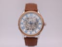 Front view of the Rotary GB00642/06 automatic watch with white skeleton dial and brown leather strap.