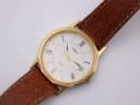 Angled close-up of the Timex cream dial with Roman numerals and date window, showing strap texture.
