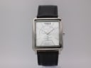 Front view of the Giorgio Armani 'Whatever It Takes' watch with silver dial and black leather strap.