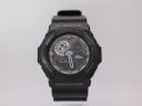 Front view of black G-SHOCK GA-300 ana-digi watch with skeletonised black dial and white hands.