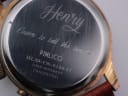 Close-up of the stainless steel case back of the Henry London watch, showing 'PIMLICO', 'HL39-CS-0126 57', 'JAPAN MOVEMENT', and 'STAINLESS STEEL' engravings.