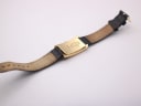 Reverse full view of the Gucci watch, showing the underside of the black leather strap and the detailed gold-tone case back.