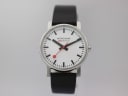 Front view of Mondaine official swiss railways watch with white dial, black markers, and red seconds hand on a black leather strap.