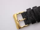 Close-up of the gold-tone buckle with 'RAYMOND WEIL' engraved.