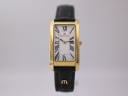 Front view of Maurice Lacroix rectangular gold plated watch with white dial and black Roman numerals, green lizard strap.