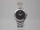 Front view of the Movado 8.4.E1.822.2 watch, showing the black museum dial and stainless steel bracelet.