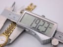 Digital caliper display showing a measurement of 19.23mm, with the Seiko watch case partially visible.