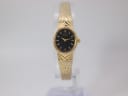 Front view of gold tone Citizen watch with black oval dial and mesh bracelet on a clear display stand.