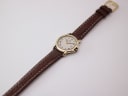 Overhead view of the watch and full brown leather strap laid flat on a white background.