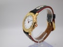 Angled side view of the Michel Jordi watch showing the gold-tone case and crown with Swiss cross emblem.
