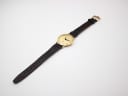 Overhead view of the Gucci 3000 M watch with its brown leather strap laid flat.