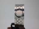 Rear view of the Gucci 112 Twirl watch, showing the case back with the iconic GG pattern when the dial is twirled to the back.