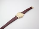 Top-down view of the Gucci 5100 M watch and its brown lizard grain leather strap laid flat on a white surface.