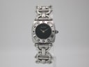Front view of the Gucci 6400 L watch with a black dial and silver-tone horse-bit link bracelet on a white background.