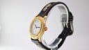 Side profile view of the Michel Jordi watch on a clear display stand, showing the case and embroidered strap.