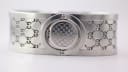 Close-up of the case back of the Gucci T.1.2, showing the 'GG' monogram pattern and how it integrates with the bracelet.