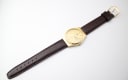 Overhead view of the Tissot Seastar Quartz watch, showing the full length of its brown leather strap with a gold-tone buckle.