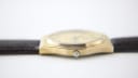 Detailed side view of the Tissot Seastar Quartz gold case, featuring the signed crown with the Tissot "T" logo.