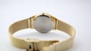 View of the watch case back showing stainless steel, serial number, and gold mesh bracelet.