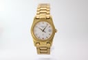 Front view of the Certina DS gold tone ladies watch with white dial and integrated bracelet, on a white background.