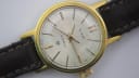 Close-up of the Slava cream sunburst dial with gold baton indices and '16 JEWELS' text.