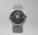 Front view of Cerruti 1881 watch with black dial and silver mesh bracelet.