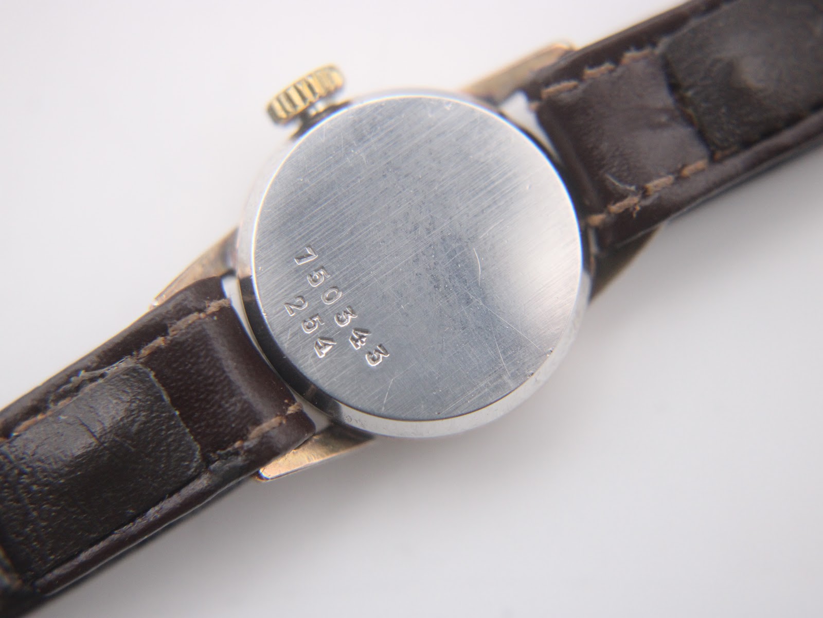 Close-up of the stainless steel case back, clearly showing the serial numbers '750343' and '7254'.