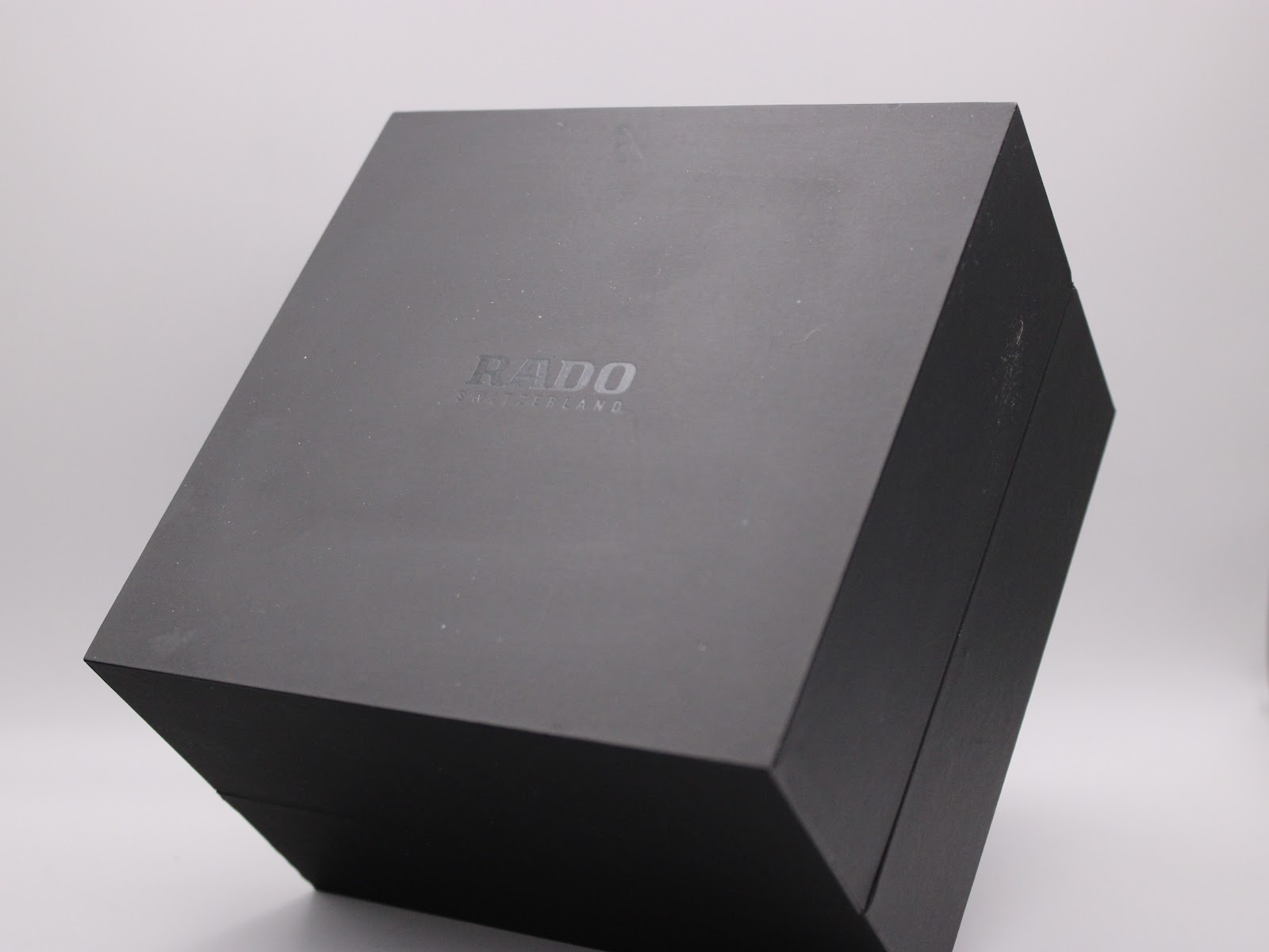 Closed view of the black Rado Switzerland presentation box.