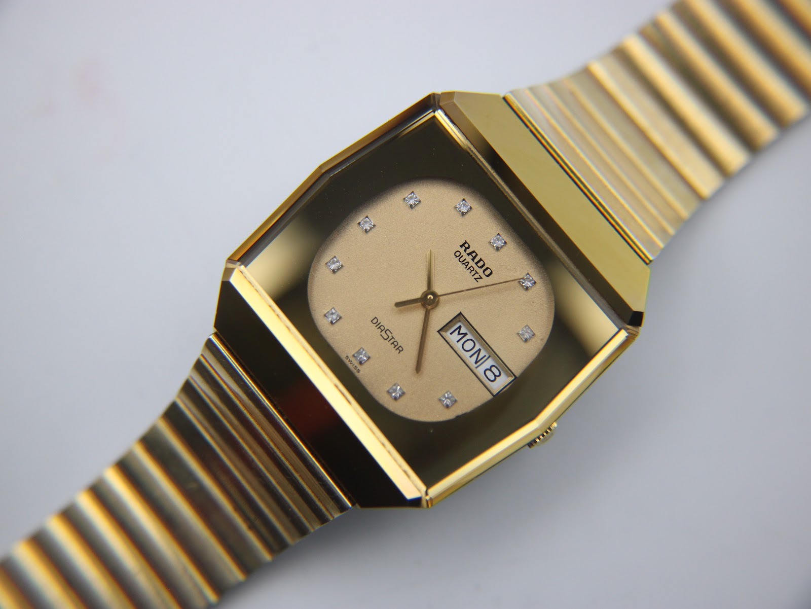 Back view of the Rado Diastar, showing the stainless steel case back and bracelet.