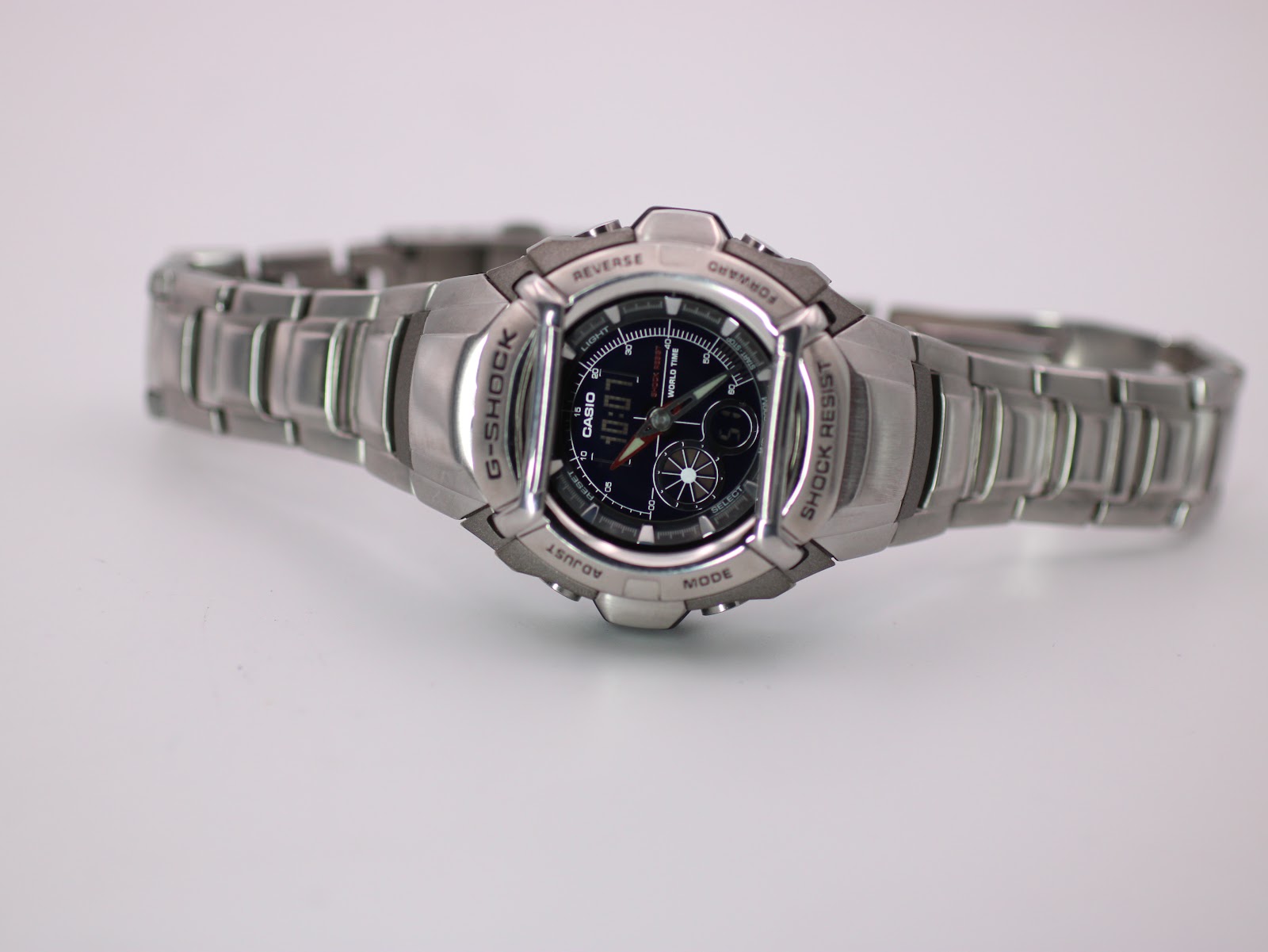 Top-down view of the Casio G-Shock G-510D on its stainless steel bracelet, showing the full watch.