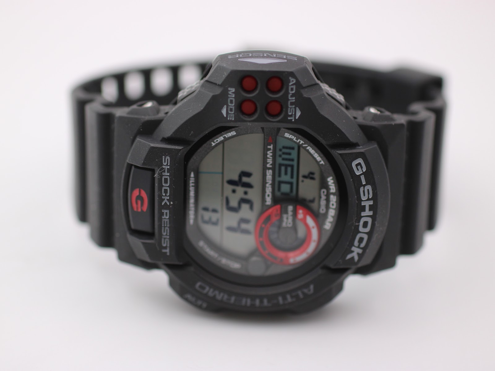 Angled front view of the Casio G-Shock GDF-100, showcasing its robust design and digital display.