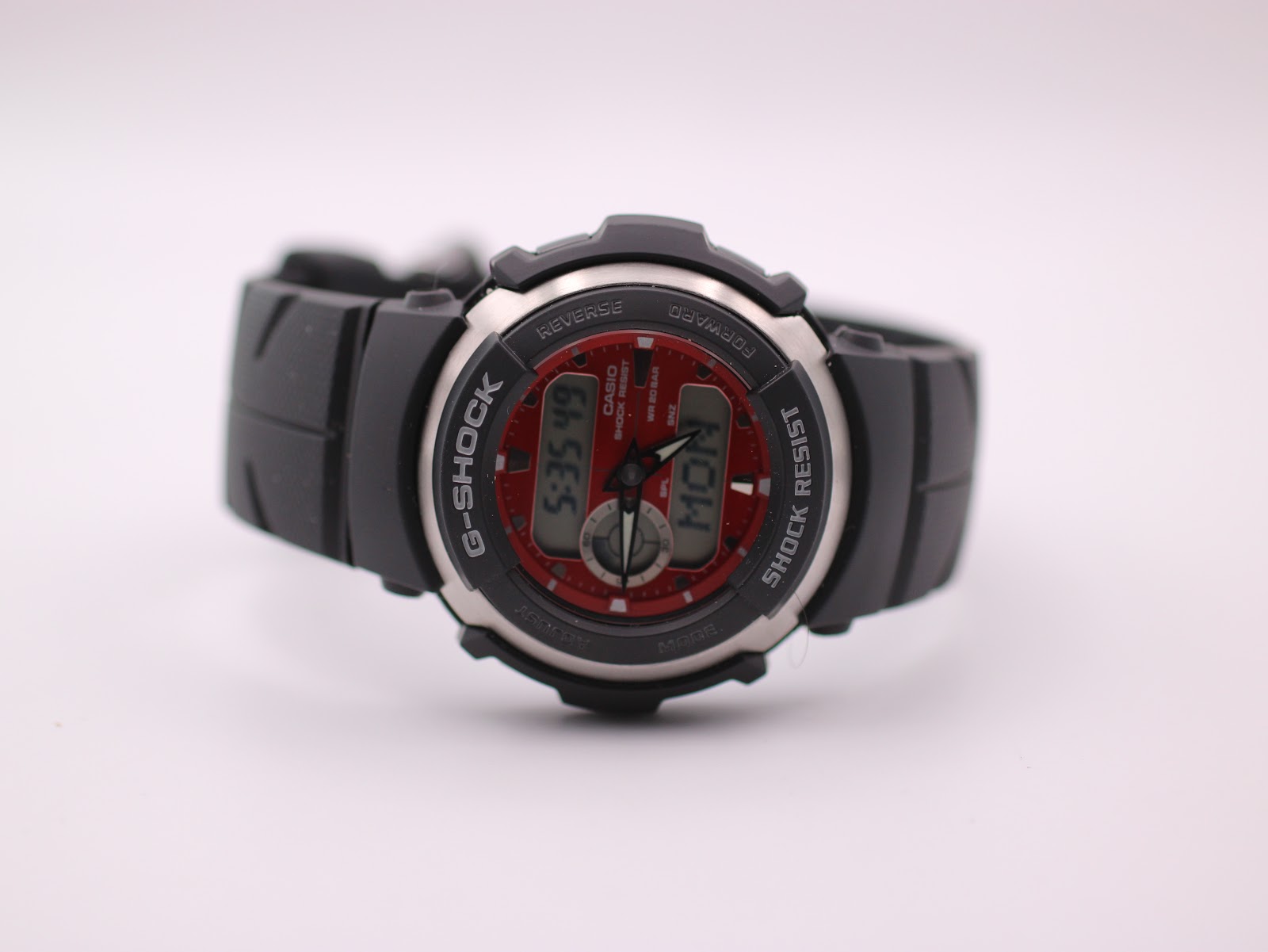 Straight-on front view of Casio G-Shock G-300 watch, slightly lower angle, showing the full watch and strap.
