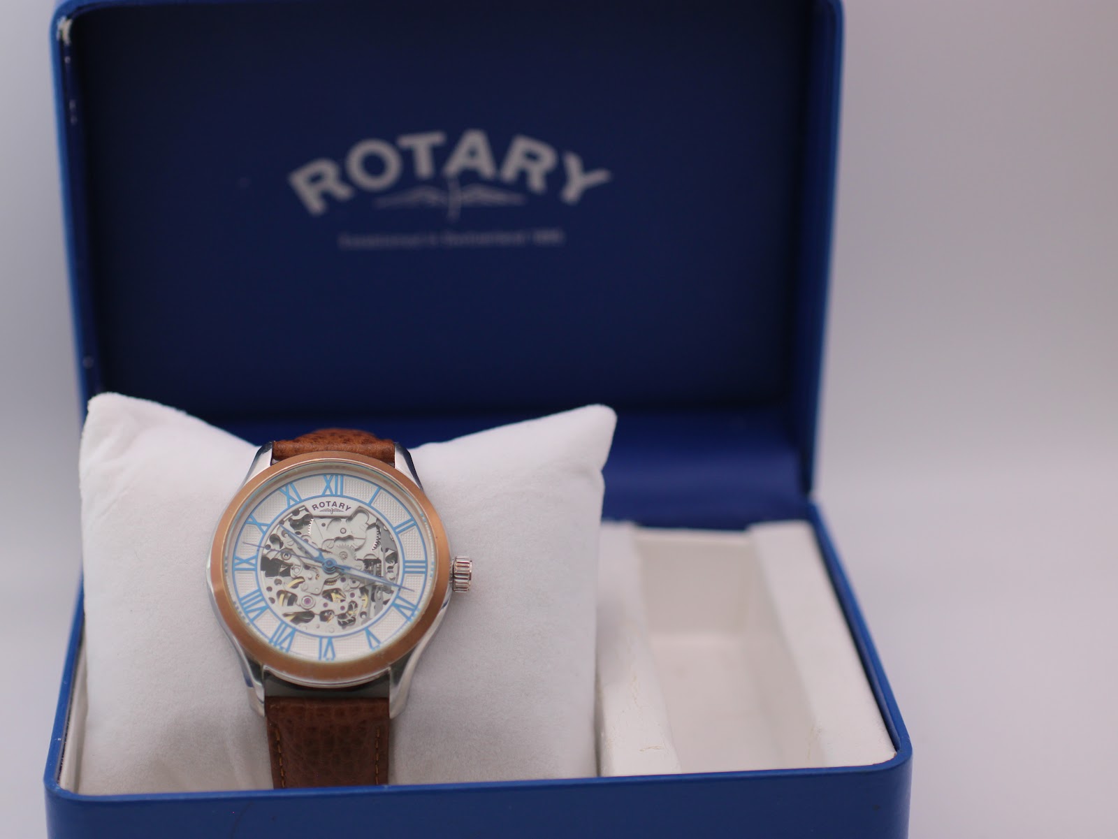 The Rotary automatic watch presented in its original blue Rotary brand box.