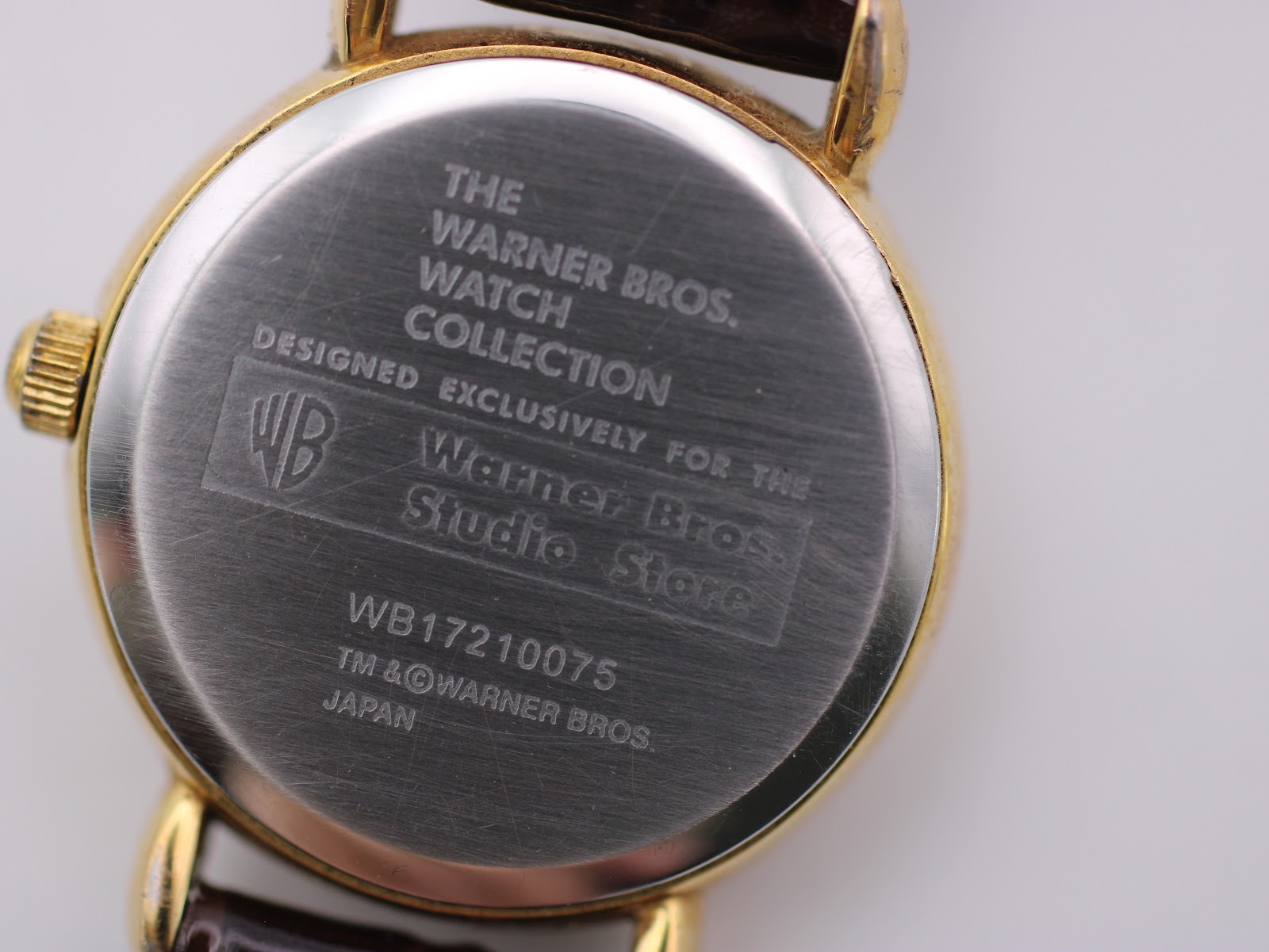 Close-up of the watch case back, engraved with 'The Warner Bros. Watch Collection' and serial number WB17210075.