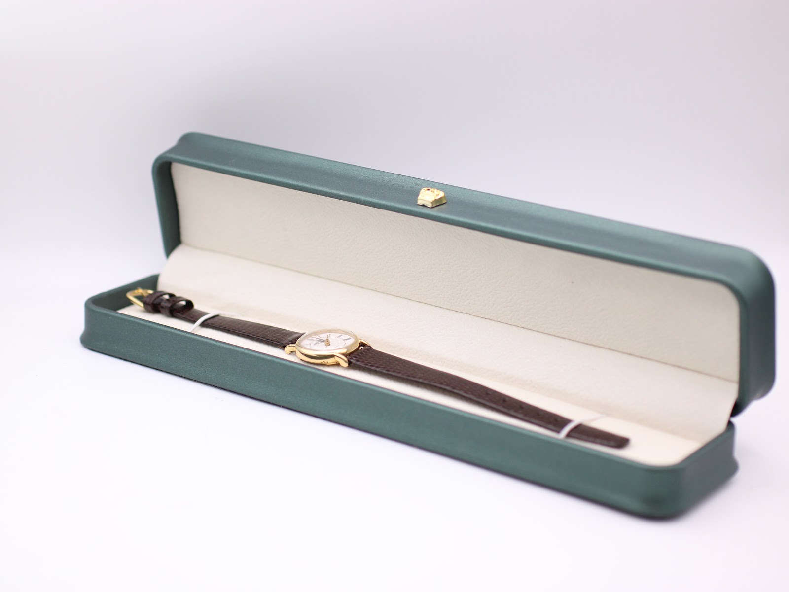 The watch displayed inside a generic green presentation box.