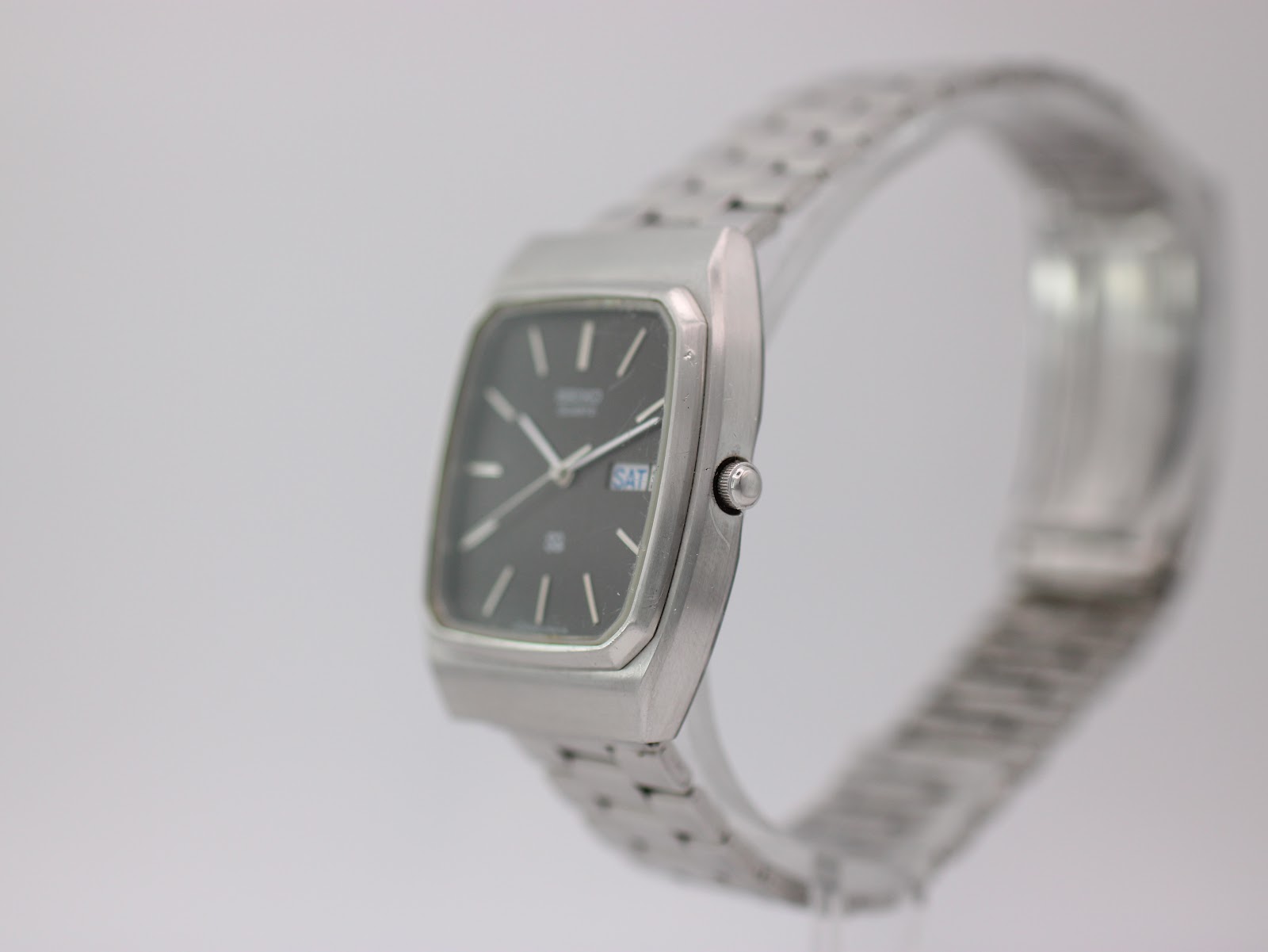 Right side view of the Seiko watch, showing the crown and brushed case finish.