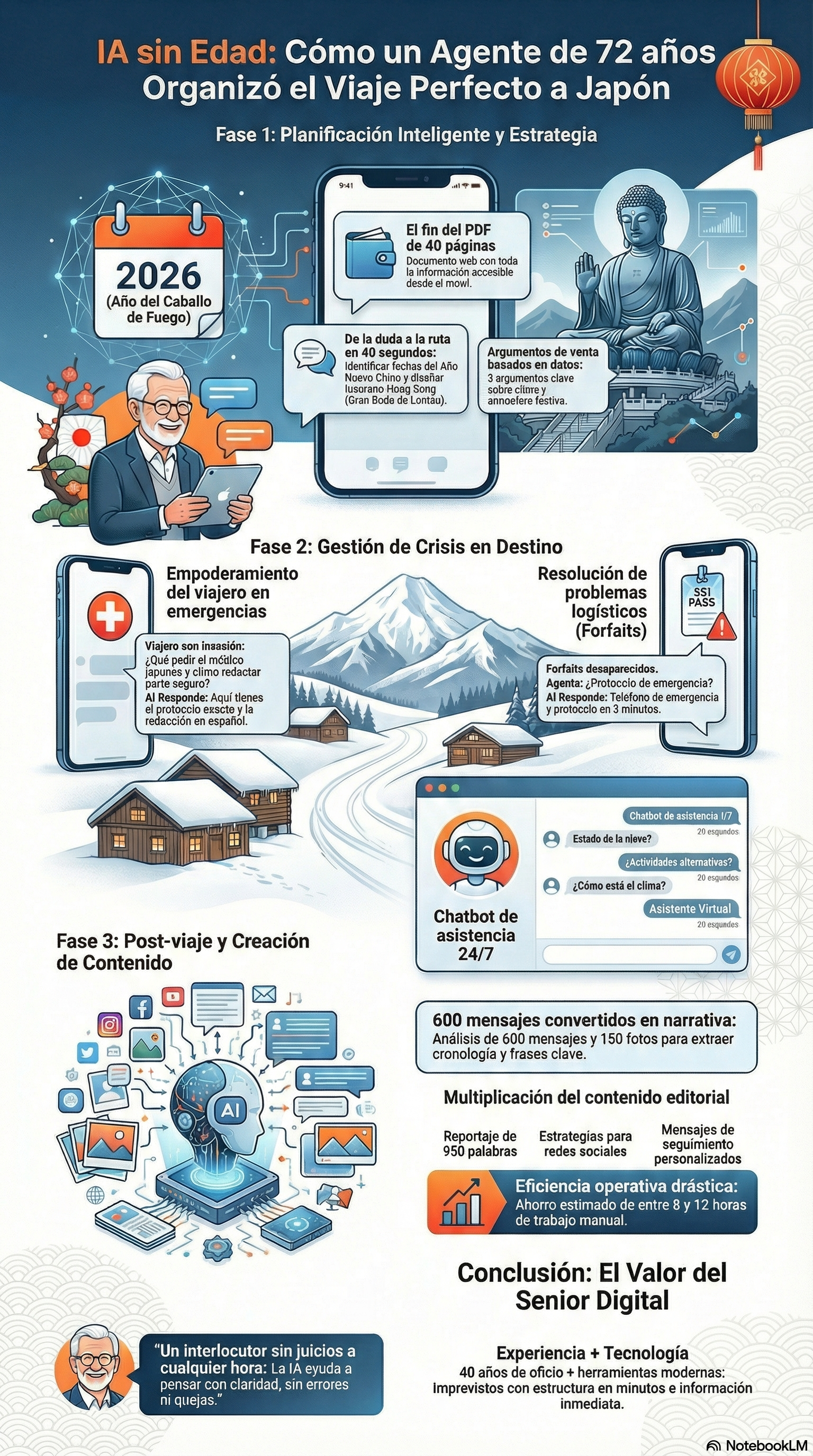 Infografía: IA sin Edad — Cómo un agente de 72 años organizó el viaje perfecto a Japón con inteligencia artificial. Tres fases: planificación, gestión de crisis en destino y creación de contenido post-viaje.