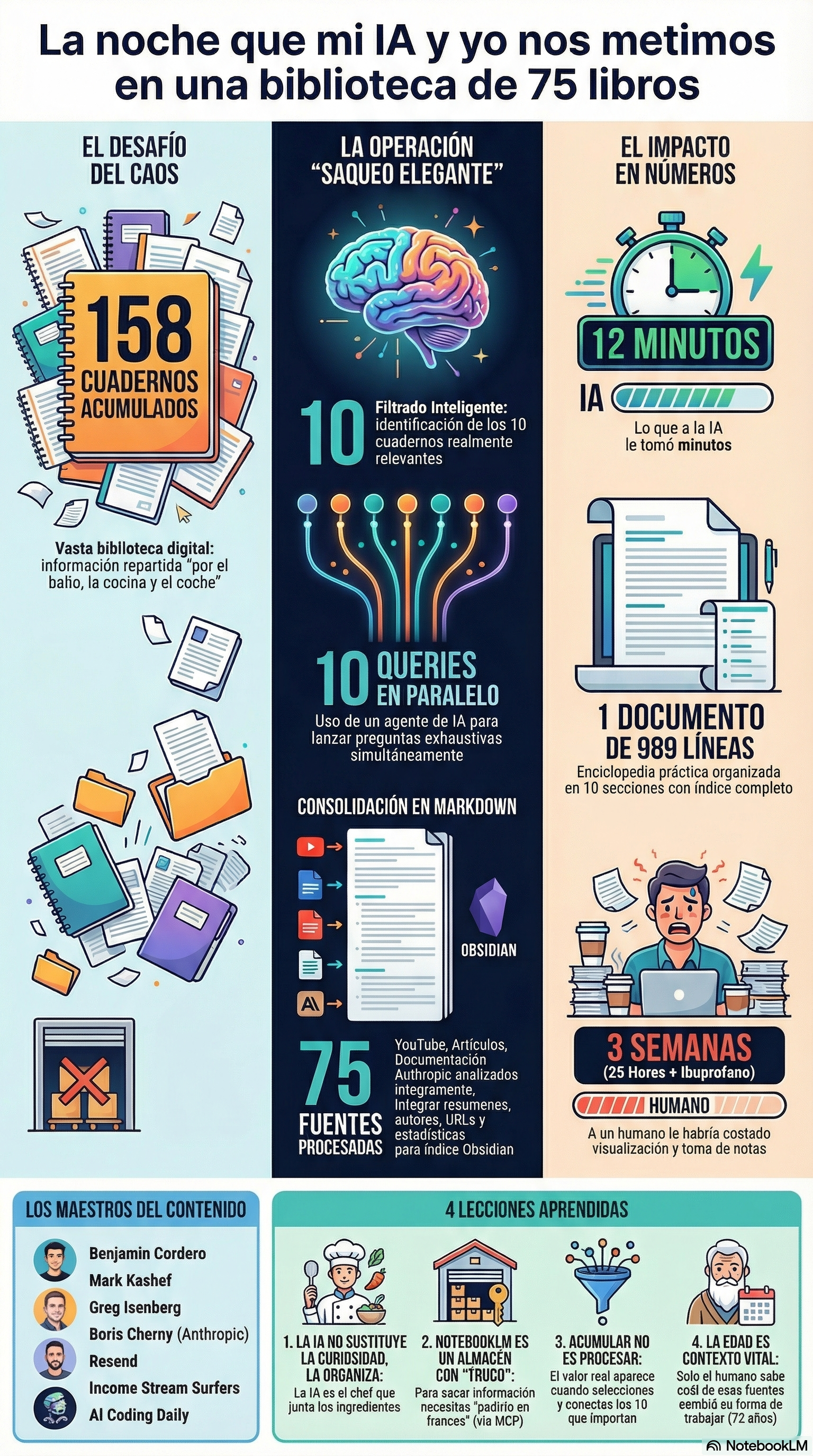 Infografía: La noche que mi IA y yo nos metimos en una biblioteca de 75 libros — 158 cuadernos, 10 queries en paralelo, 75 fuentes procesadas en 12 minutos, 1 documento de 989 líneas