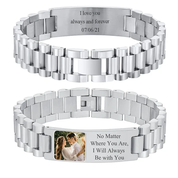 Custom Picture Text Bracelet Watch Band Stainless Steel Link Bracelet Custom Engraving Photo/Text/Name Bracelet Jewelry for Men