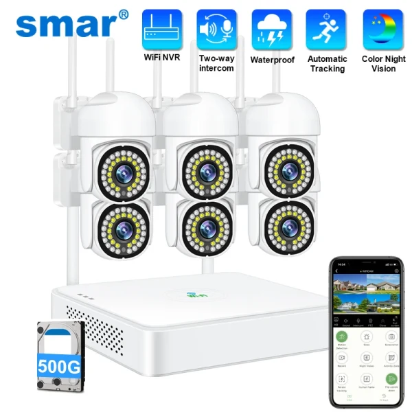 Smar 3MP Wireless CCTV Security Camera System PTZ Wifi Outdoor Surveillance Kit Alarm 6CH NVR Home Security Night Vision Set