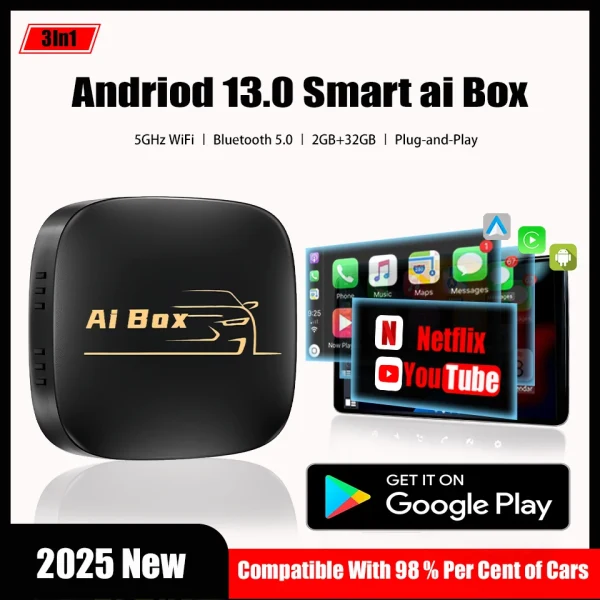 2025 New Carply Ai Box Android13 & Android Auto 3In1 Multimedia Smart Box Built-in Netflix YouTube 5GHz Wifi BT5.0 Plug & Play