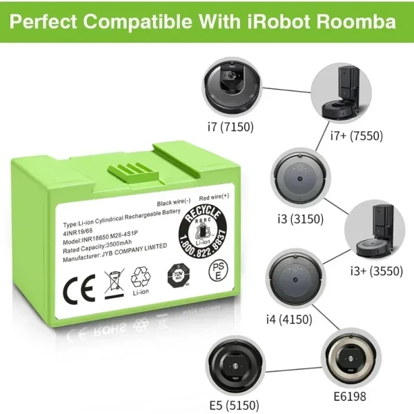 5000mAh i7 Battery Replacement for iRobot Roomba e and i Series i7+ e5 7150 7550 i3 3150 i3+ 3550 i4 4150 i4 Accessories 14.4V