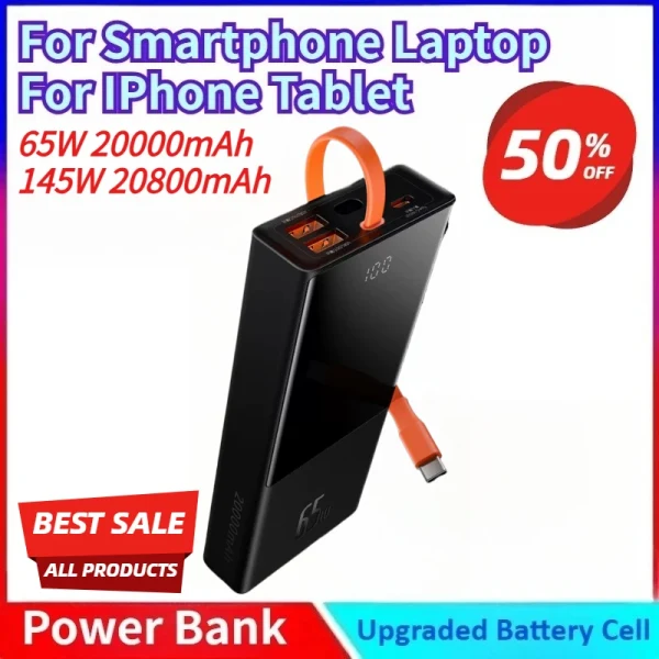 New 65W 20000mAh 145W 20800mAh PD Quick Charge FCP Powerbank Portable External Charger for Smartphone Laptop for IPhone Tablet