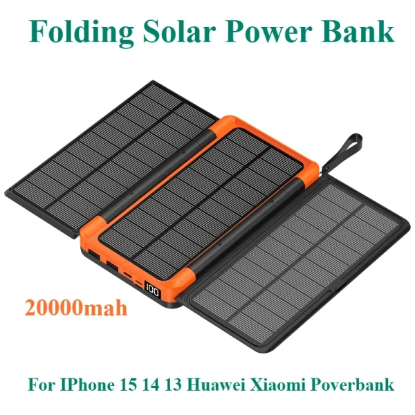 For IPhone 15 14 13 Huawei Xiaomi Poverbank 20000mAh Folding Solar Power Bank with 3 Solar Panel Qi Wireless Charger Powerbank