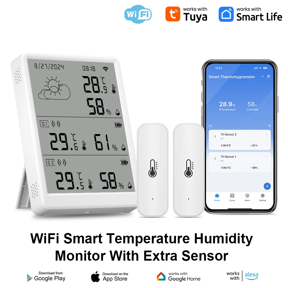 Smart WiFi Thermohygrometer with 2 Remote Sensors, Smart Life APP Control, Works with Alexa Google Home Yandex Alice, Wireless T