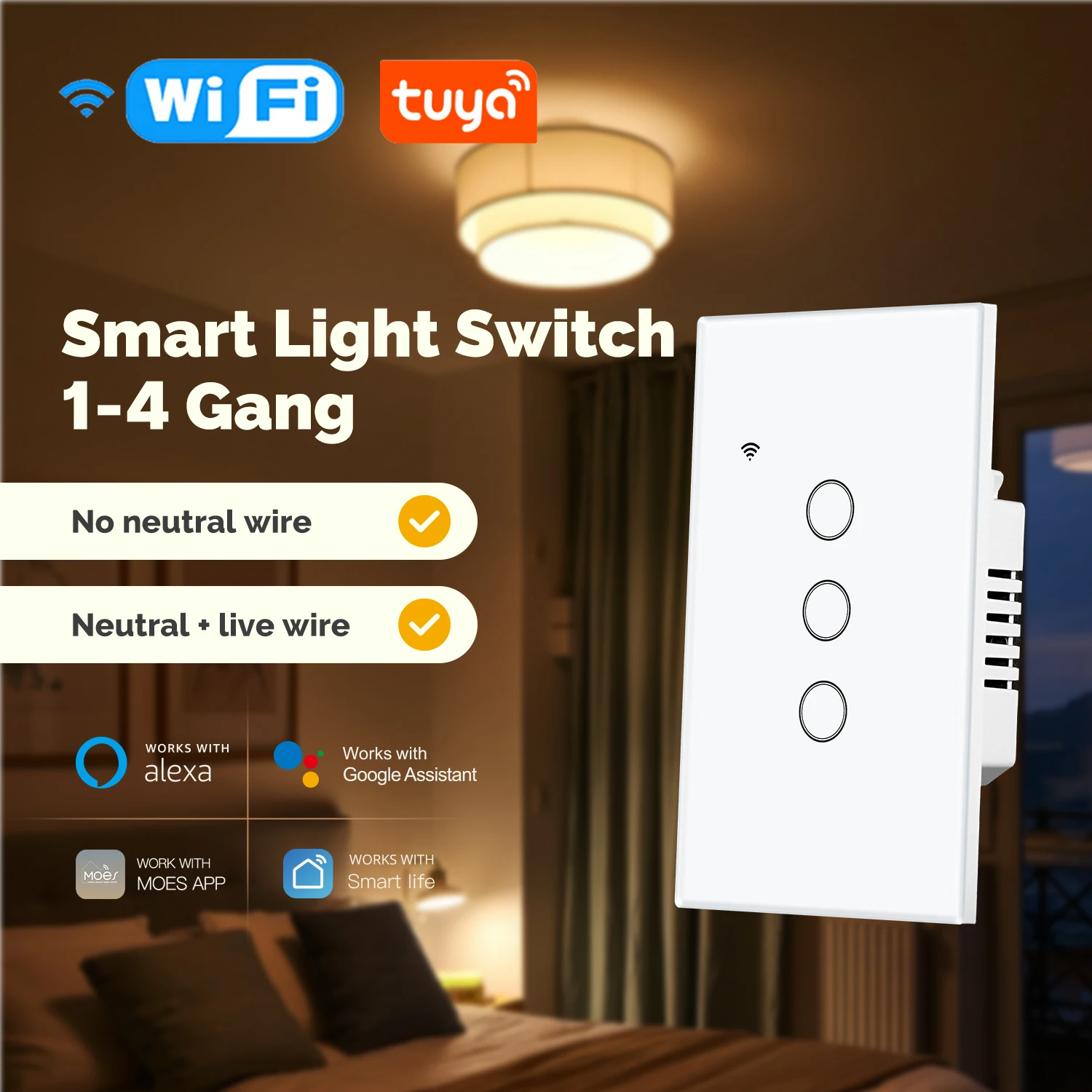 Tuya WiFi Smart Light Switch Glass Touch Control Fireproof No Neutral Wire Required Remote Control Alexa Google Home Compatible