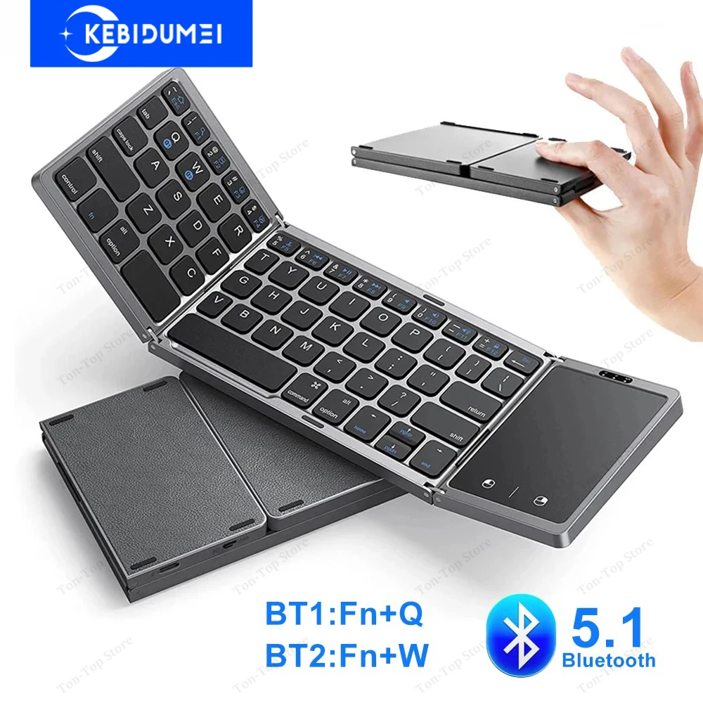 Dual Bluetooth 5.1 Keyboard 3-Folding Mini Keyboard Rechargeable Foldable Keyboard with Touchpad for Windows Android IOS iPad