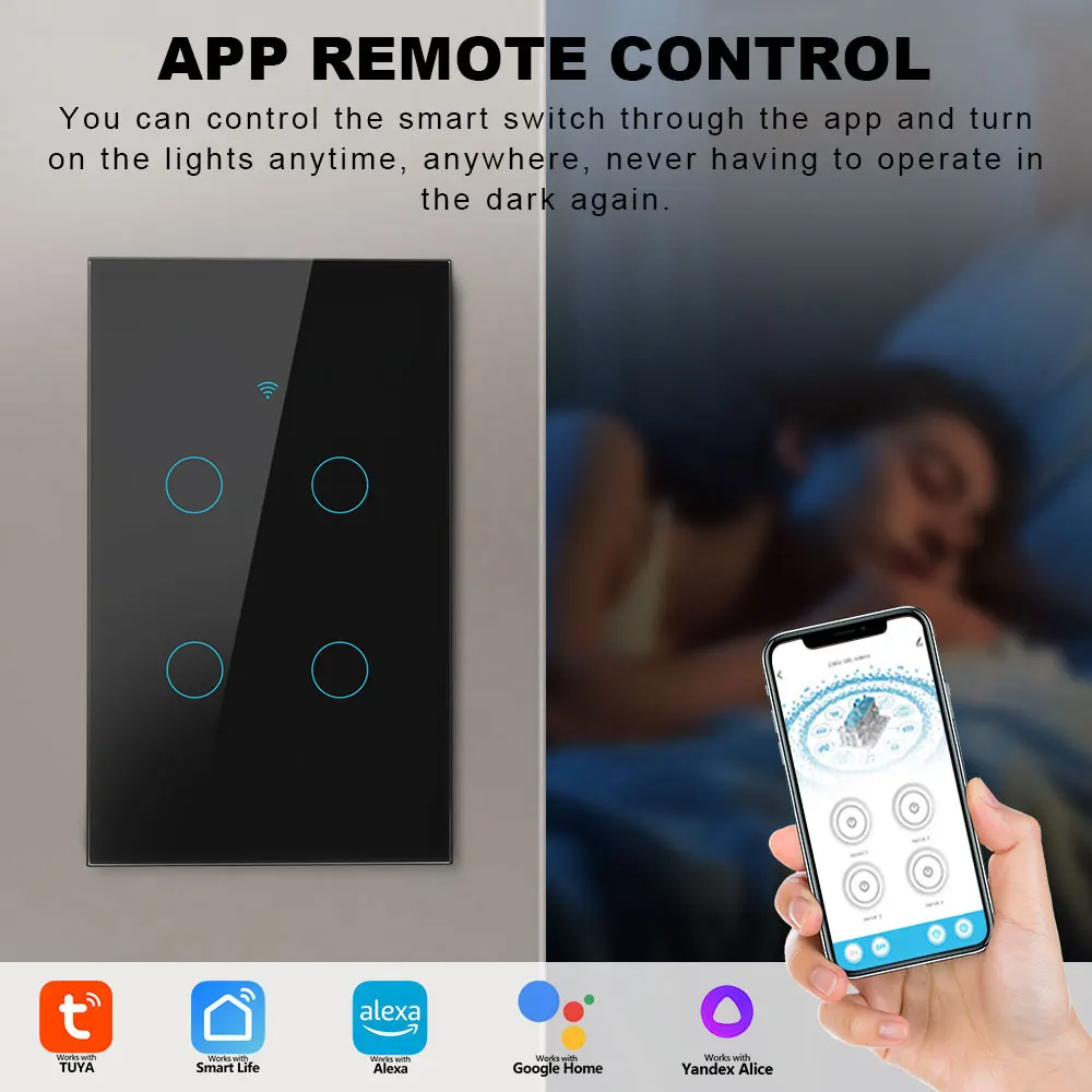 Smart WiFi Wall Light Switch/Mobile App Control/White /Black/ Luxury Tempered Glass Panel/1/2/3/4 Gang /Neutral Wire Required