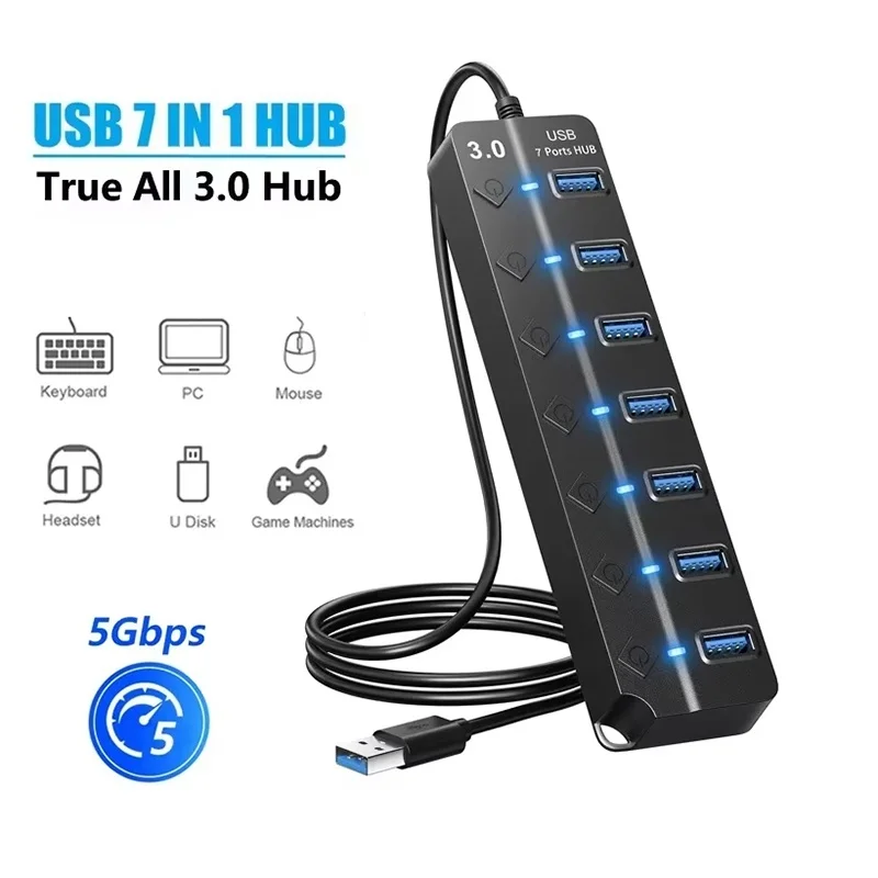 USB 2.0 Hub Adapter Rotatable Splitter 7 Ports USB 2.0 Multiple Expander Splitter For PC Computer Laptop U Disk Mini Accessories
