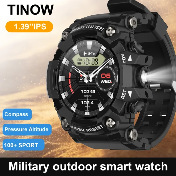 1.39"IPS Flashlight Outdoor Smartwatch Bluetooth Talking Compass Multi Sport Smart watch for ios Android